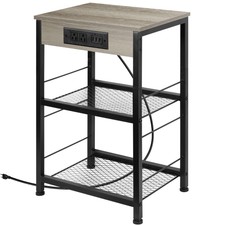 3 Tier End Table Bedside Table Nightstand w/Charging Station Open Storage Shelf