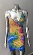 Tye Dye Wrap Plunging spandex Wiggle Bodycon Short Party Dress S
