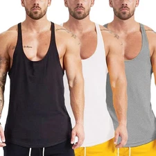 3 Pack Men's Bodybuilding Stringer Tank Tops Y-Back Gym Fitness T-Shirts (Bla...