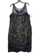 Adrianna Papell 20W Black and Gold Ruched Sheath Dress With Mesh Detail Jeweled