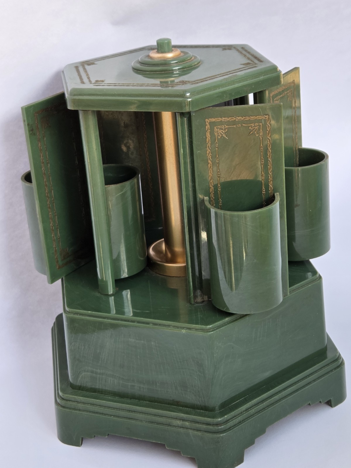 Antique Green Swiss Harmony Roundelay Music Box Cigarette Lipstick Carousel 