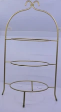 3-TIERED GOLD TONED METAL FOOTED PLATE RACK, DESSERT DISPLAY STAND, 24 INCHES