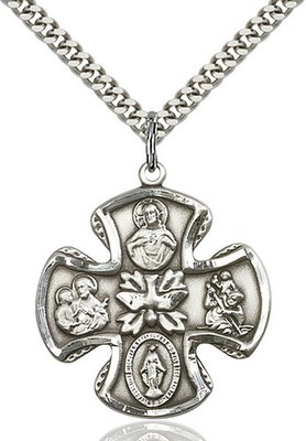Sterling Silver 5-Way Christian Catholic Medal Pendant Necklace 24'' Chain Boxed