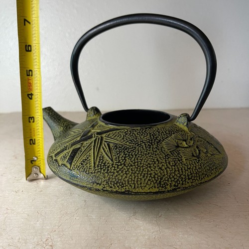 Vintage Japanese Cast Iron enamel Teapot Green Bamboo & Crane Signed no lid - Picture 6 of 12