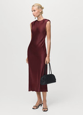 Women’s S Burgundy Solid Satin Shift Midi Dress Crew Neck Sleeveless Cap