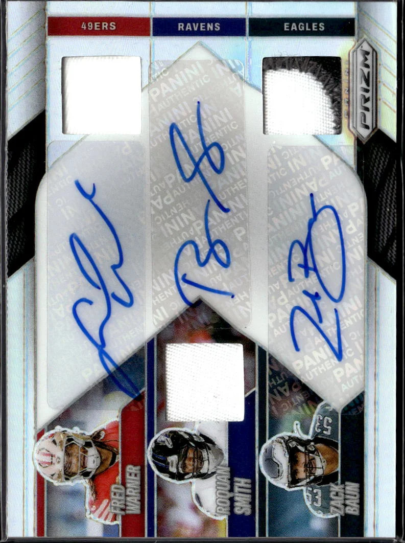 Roquan Smith Zack Baun Fred Warner 2025 Prizm Triple Auto Autograph Patch 54/99