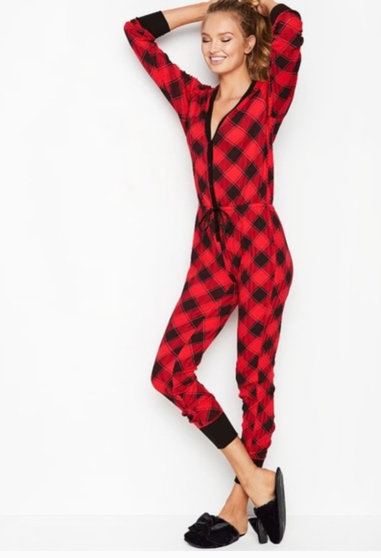 Victoria's Secret Thermal One Piece Pajama Lounge Red Black