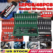 12/46Pcs Socket Wrench Set 1/4" Drive Ratchet Metric Kit Garage Car Repair Tool