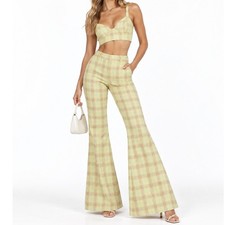 Cider Womens Yellow Plaid 2-Piece Set Bustier Crop Top High Rise Flare Pants Y2K