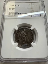 1858 S Seated Liberty Quarter NGC VF-30