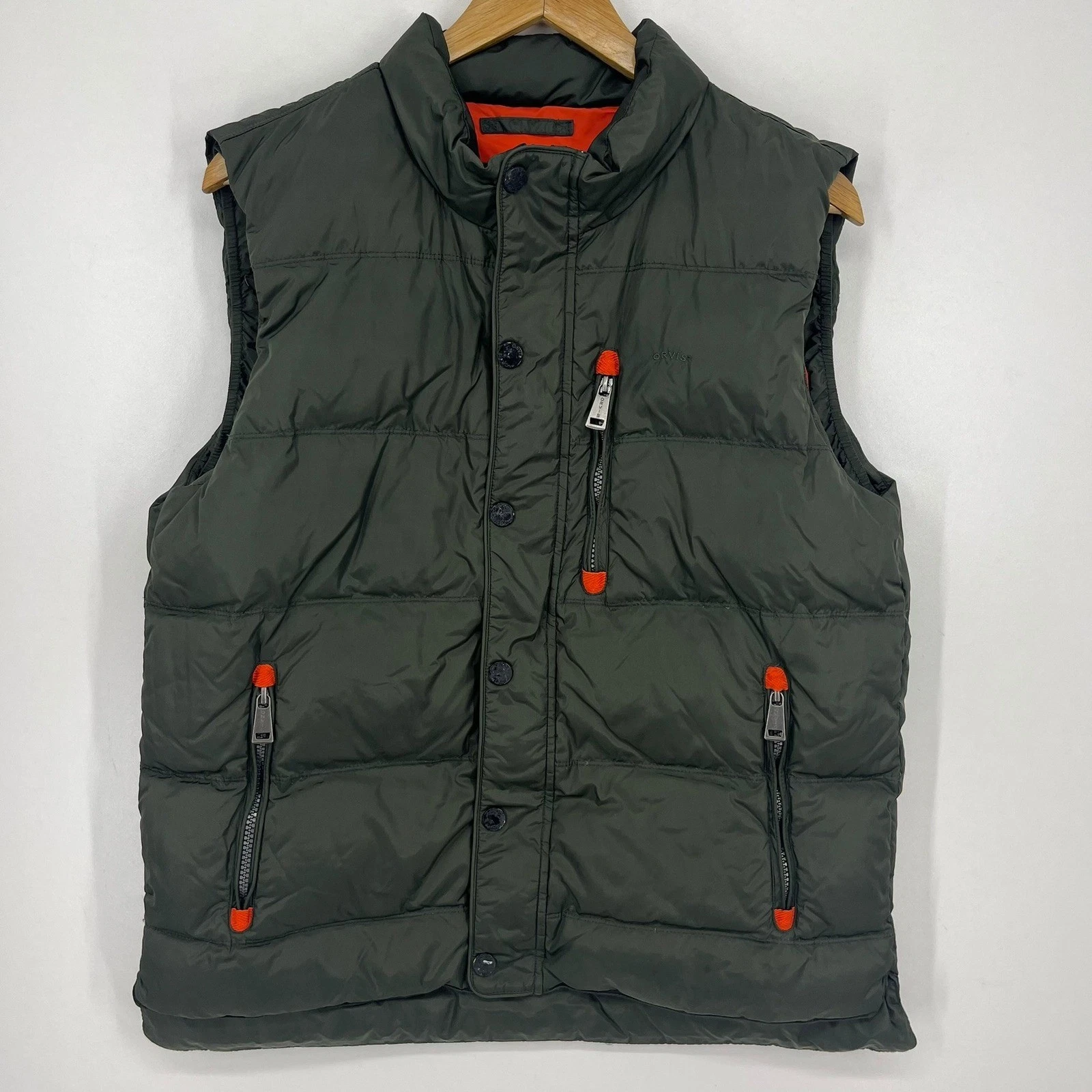 Orvis Classic Collection Mens Medium Olive Green Down Puffer Vest Orange Lining
Opens in a new windo