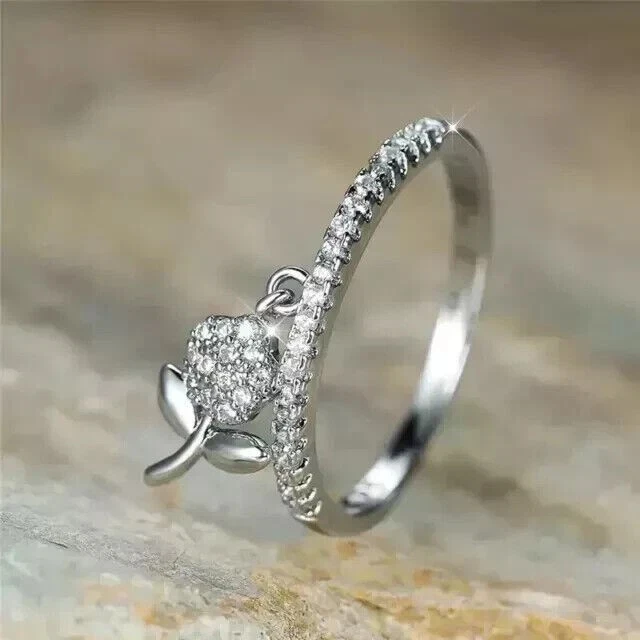 Round Cut Simulated Diamond Gorgeous Dangle Flower Ring In 14k White Gold Plated - Image 4 of 4