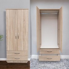 Ready Assembled  Tall Wooden 2 Door Wardrobe With 2 Drawer  Bedroom Storage
