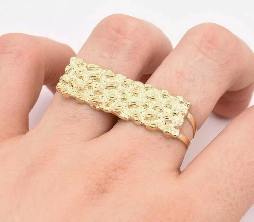 Men's Rectangular Nugget Two Finger Stylish Ring Solid 14K Yellow Gold Plated.