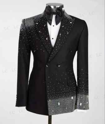 Crystals Men Diamonds Jackets Blazer One Button Silver Beading Party Tuxedos