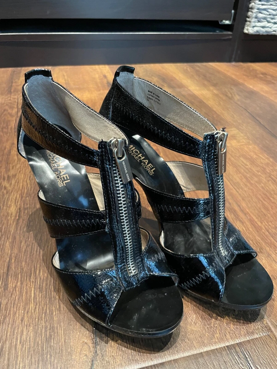 MICHAEL KORS Black Patent Leather Heel Strappy Shoes Zip Open Toe