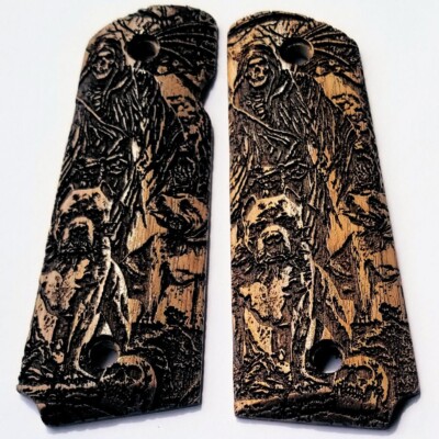 1911 custom 3D engraved walnut wood grips Grim Reaper Hell Dogs