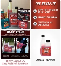 48 Oz STA-BIL Storage Fuel Stabilizer - ALL GAS - TREATS 148 GALLONS - 3 Bottles