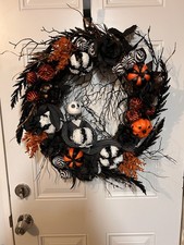 Jack Skeleton Inspired Halloween Wreath, Black  White with Pumpkins  Lights