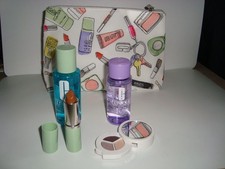 CLINIQUE "MAKEUP Print" White Multi Makeup Bag Shadow Trio/Lipstick/2 Removers