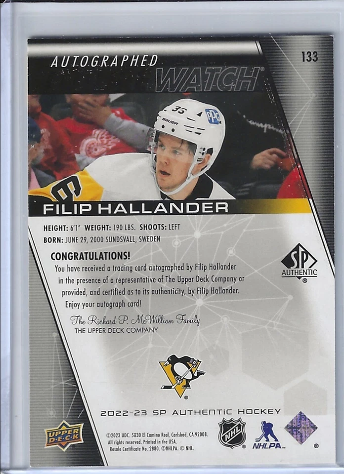Filip Hallander 2022-23 SP Authentic Future Watch Auto Black Pittsburgh Penguins - Image 2 of 2