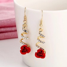 Jewelry Red Rose Drop Earrings Women Vintage Rhinestone Flowers Dang