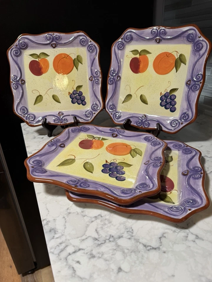Set 4 Tabletops Unlimited Medici Hand Painted Square 11" Plates Colorful Fruit - Image 3 of 4