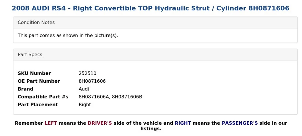 Audi RS4 2008 - convertible derecho superior puntal hidráulico/cilindro 8H0871606 Foto 3 de 4