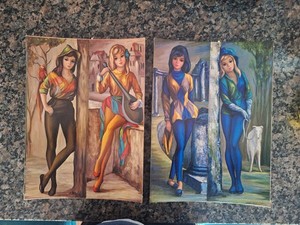 JEAN MAIO PRINTS - SET OF 2 - HARLEQUIN - VERY GOOD COND - BIG EYE ART - 1970'S