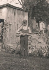 Antique Postcard RPPC AZO sb Young Man Boy Cap Overalls Gun Rifle Cap Posing