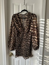 Fashion Nova Leopard Print Smocked Waist Mini Dress V-Neck Balloon Sleeve M