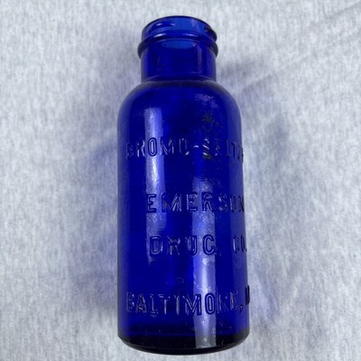 Antique Cobalt Blue Bromo-Seltzer Bottle-Emerson Drug Co. Baltimore 1900, 6+Inch