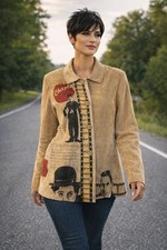 Charlie Chaplin Graphic Print Beige Button-Up Collared Women's Mid-Length Jacket