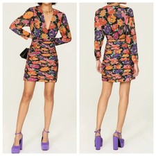 RIXO Mini Dress Black Floral Silk V Neck Sheath Ruched Skirt Long Sleeve size 6