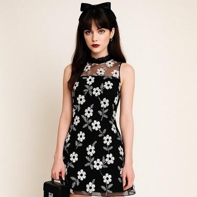 Karl Lagerfeld Womens 2 Black Mesh Floral Dress Daisy Embroidered Dark Coquette