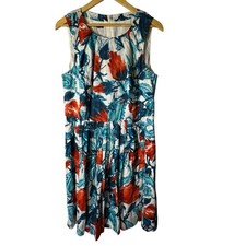 Talbots Dress Sz 14 A-line Pleated Sleeveless Floral Belted Cotton Knee Length