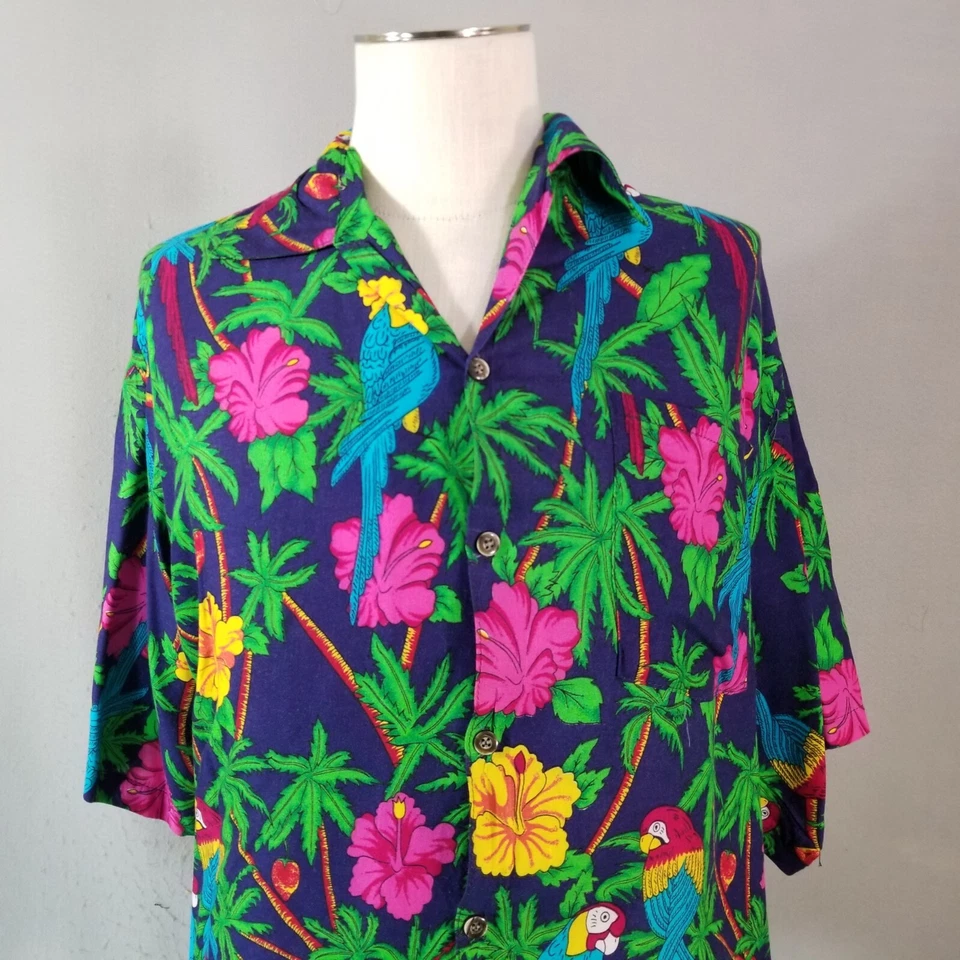 Basix Jammin Camisa Hawaiana Hombre 2XL Azul Floral Loro Guacamayo Manga Corta Foto 2 de 4
