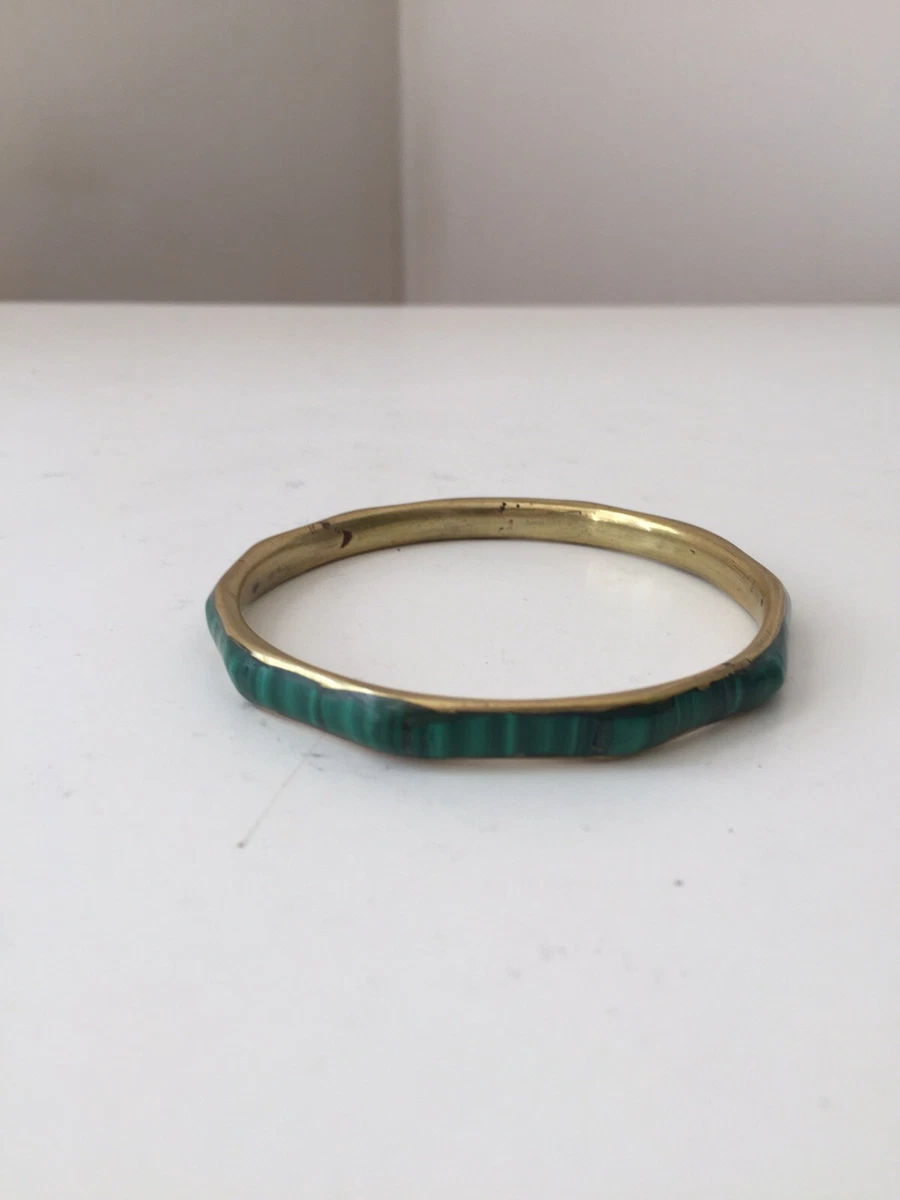 Bracelet Jonc Ancien Laiton Doré - Pierre Naturelle Malachite Verte - 7 Cm
