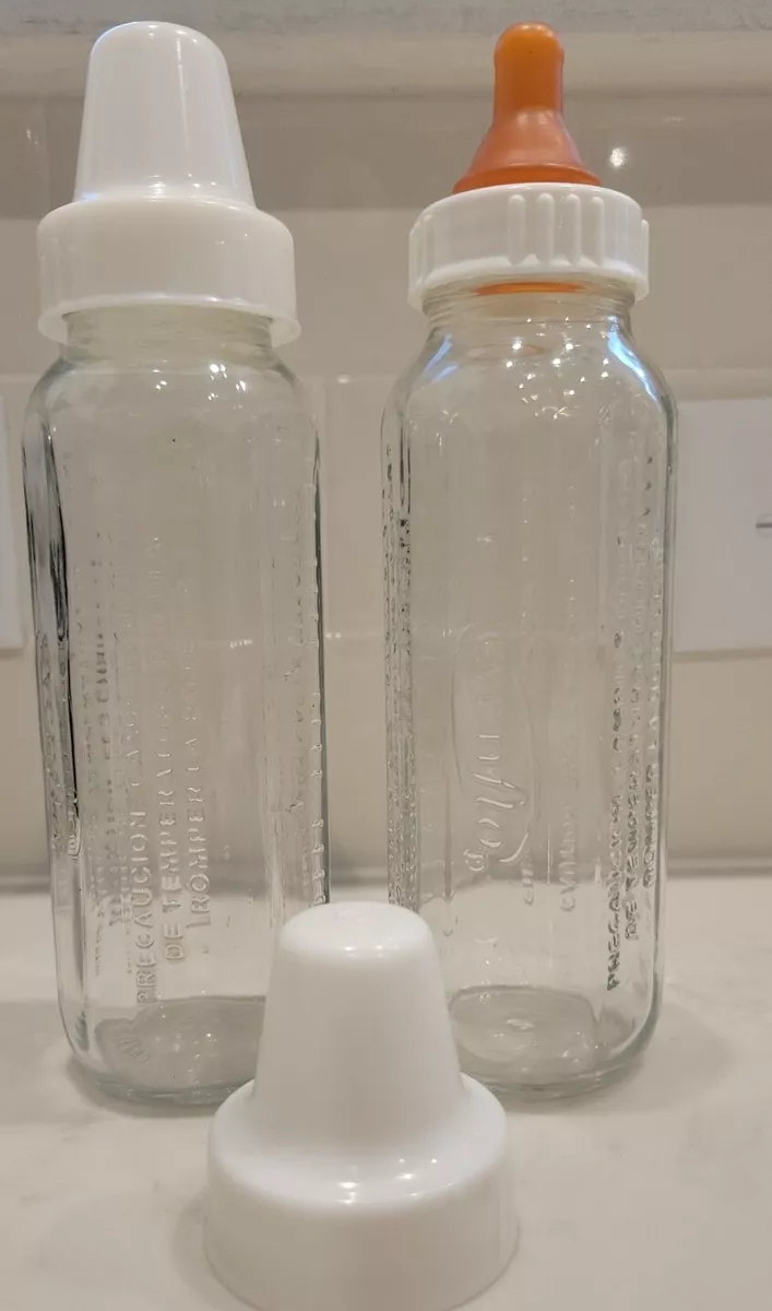 Vtg Evenflo Glass Baby Bottle Lot w Caps and 1 nipple 8 oz Made in USA