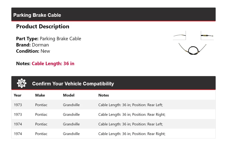 For 1973-1974 Pontiac Grandville Dorman Parking Brake Cable - Image 2 of 4