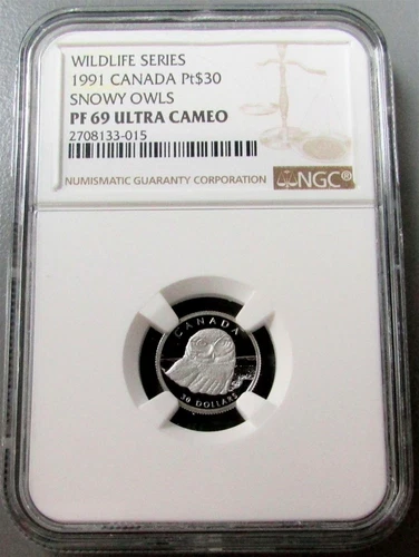 1991 PLATINUM CANADA $30 WILDLIFE SERIES SNOWY OWLS NGC PROOF 69 ULTRA CAMEO