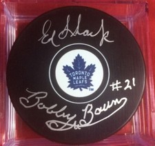 BOBBY BAUN ED SHACK DUAL PUCK TORONTO MAPLE LEAFS SIGNED AUTOGRAPHED 