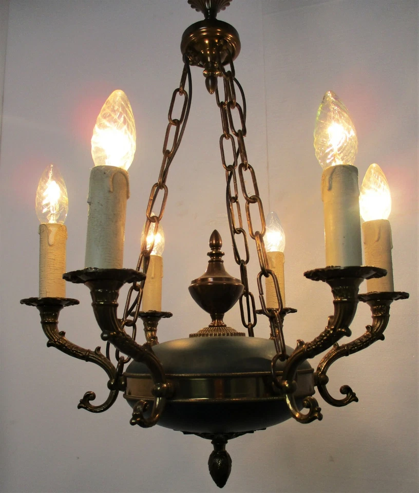 Hermosa araña Imperio Francés Tole verde latón 6 brazos Hollywood Regency  Foto 2 de 4