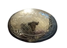 Vintage Longhorn Cattle Cow Steer Silver Ton Belt buckle USA