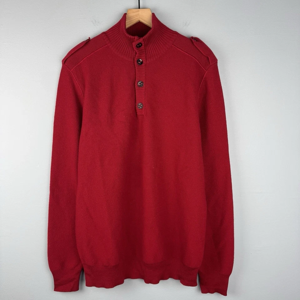 Suéter Burberry Para Hombre XL Rojo 1/4 Botón Lana Merino Cuello Simulado Charreteras Italia Foto 2 de 4