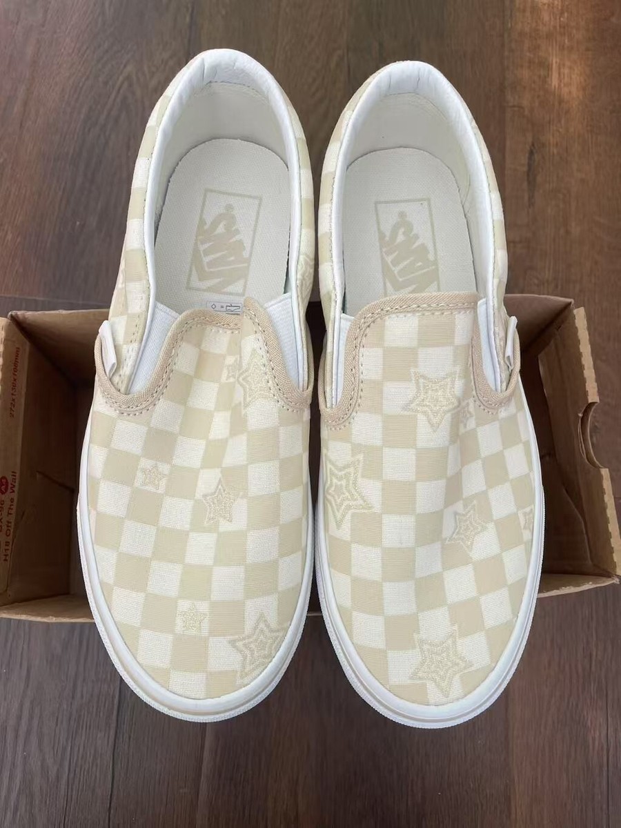 vans women classic slip on checkboard stars Tan size
