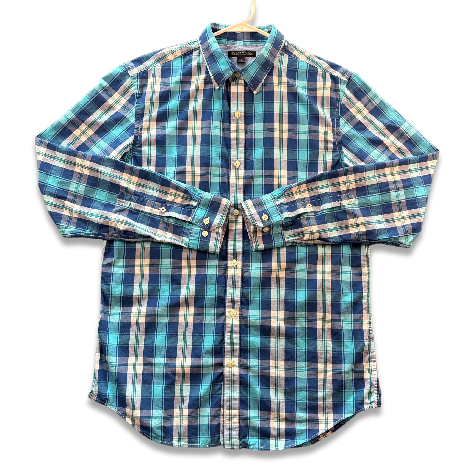 Banana Republic Soft Wash Tailored Slim Fit Blue Plaid Preppy Button Up Men's L
