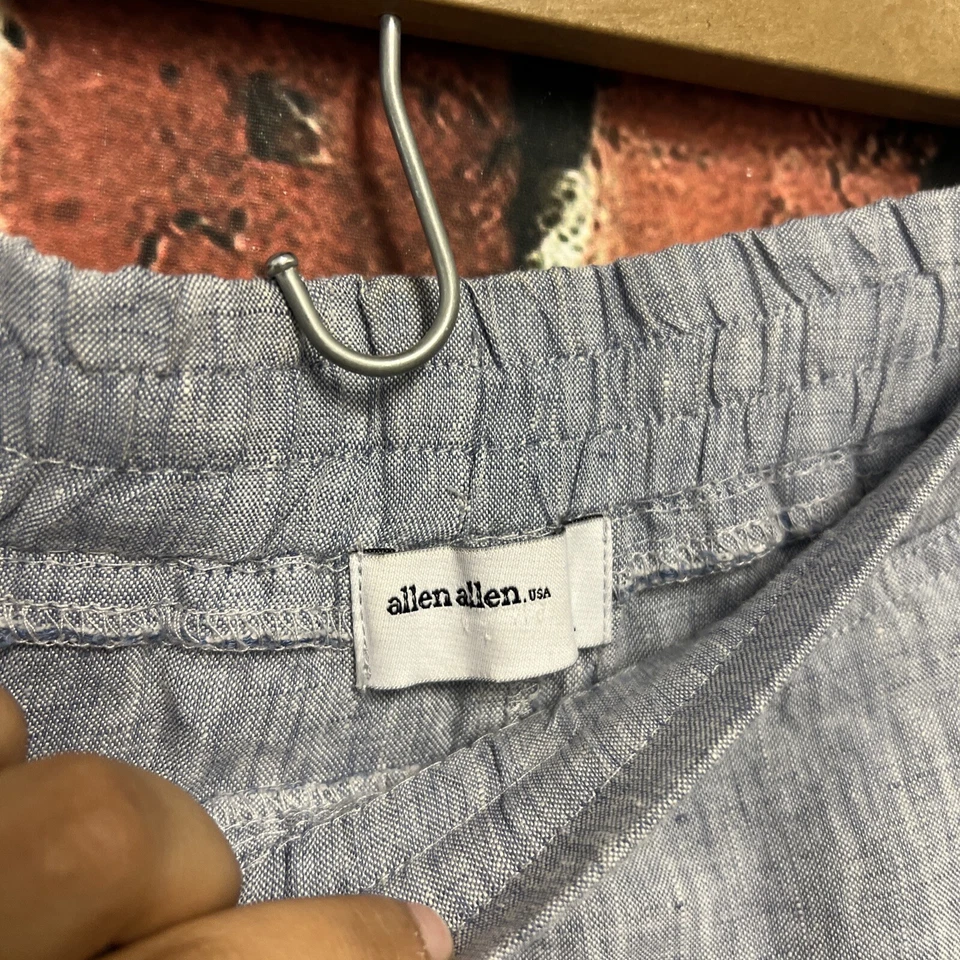 Allen Allen 100% 亚麻弹性腰拉踝裤口袋蓝色大号 — 第 2/3 张图片