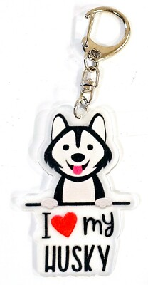#ad Husky Dog Acrylic Keychain Pet Lover Gift Bag Charm Purse Accessory Black $12.00