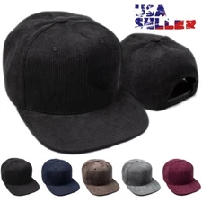 Baseball Cap Corduroy Snapback Adjustable Flat Bill Plain Blank Hip Hop Mens Hat